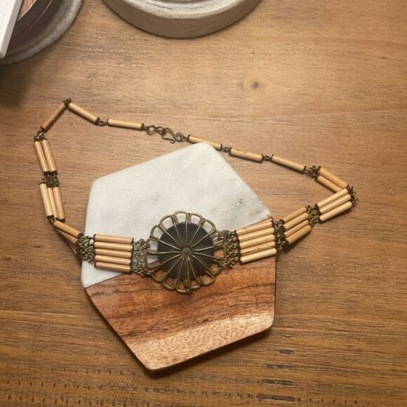 Vintage Turquoise Center Boho Flower Bamboo Choker Necklace - Picture 10 of 12